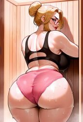 ai_generated bbw big_ass big_breasts blonde_hair daballsman fat_ass fat_female glasses gym gym_shorts gym_uniform huge_ass illustrious_(stable_diffusion) katie_(daballsman) mature_female milf sauna sauna_sex snapchat sports_bra sweat sweaty sweaty_body