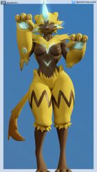 absurd_res animal_humanoid anthro athletic athletic_female erect_nipples felid felid_humanoid feline female fur generation_7_pokemon glowing glowing_markings hi_res humanoid legendary_pokemon looking_at_viewer mammal mammal_humanoid markings nintendo nipples nude nude_anthro nude_female pokemon pokemon_(species) samtrix slim small_waist solo tail thick_thighs yellow_body yellow_fur zeraora