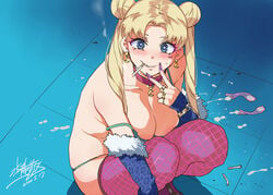 big_breasts bishoujo_senshi_sailor_moon blonde_hair blue_eyes bra cigarette collar condom drugs earrings functionally_nude hooker large_breasts meme mizuryuu_kei panties prostitute sailor_moon_redraw_challenge smoking squatting stockings twintails usagi_tsukino used_condom