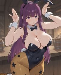 2025 ai_assisted ai_generated animal_ears anime anime_girl anime_style artist_name bangs bare_shoulders black_bow black_bowtie black_leotard blunt_bangs blush bow bowtie breasts cleavage covered_navel detached_collar fake_animal_ears female fern_(sousou_no_frieren) hi_res high_quality high_res high_resolution highleg highleg_leotard highres indoors large_breasts leotard long_hair looking_at_viewer open_mouth pantyhose patreon patreon_username playboy_bunny print_legwear purple_eyes purple_hair rabbit_ears rabbit_tail rinkoai solo sousou_no_frieren star_(symbol) star_print strapless strapless_leotard sweat tail thighs uncensored watermark wrist_cuffs
