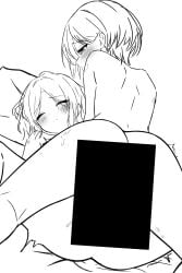 2girls absurdres ass bite_mark bite_mark_on_shoulder blush censored censored_genitalia censored_pussy chinese_commentary closed_eyes closed_mouth commentary_request ebizuka_tomo female female/female female_only girls_band_cry greyscale highres lesbian_couple lesbian_sex monochrome multiple_girls nude nude_female rupa_(girls_band_cry) setsuna_0430 short_hair spread_legs yuri