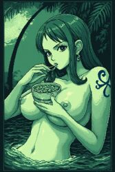 1girls ai ai_generated bath bathing belly_button breasts ear_ring eating eating_food female female_focus female_only food gameboy_artstyle looking_at_viewer naked naked_female nami nami_(one_piece) navel nipples nude nude_female one_piece palm_tree pixel_art pixelated quinzo11 self_upload shounen_jump tattoo tattoo_on_arm toei_animation water