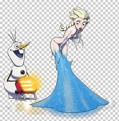 1girls artist_request blonde_hair breasts demonic_eyes disney dress dress_pull elsa_(frozen) embarrassed embarrassed_nude_exposure embarrassed_nude_female female frozen_(film) ice_dress looking_at_pussy melting_clothes melying nipples olaf_(frozen)