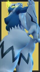 absurd_res animal_humanoid anthro ass athletic athletic_female big_butt erect_nipples felid felid_humanoid feline female fur generation_7_pokemon glowing glowing_markings hi_res humanoid legendary_pokemon looking_at_viewer mammal mammal_humanoid markings nintendo nipples nude nude_anthro nude_female pokemon pokemon_(species) samtrix slim small_waist solo tail thick_thighs white_body white_fur yellow_eyes zeraora