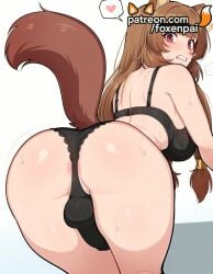 1boy 1futa 2025 ai_generated animal_ears artist_name ass black_bra black_panties blush bra brown_hair bulge foxenpai futanari heart hi_res high_quality high_resolution highres long_hair otoko_no_ko panties patreon patreon_username raccoon_ears raccoon_tail raphtalia spoken_heart stable_diffusion sweat tail tate_no_yuusha_no_nariagari testicles underwear watermark