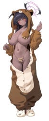 1girl animal_costume animal_slippers b-pang bear_costume black_hair blue_archive breasts convenient_censoring dark-skinned_female dark_skin full_body fur-trimmed_panties fur_trim halo huge_breasts karin_(blue_archive) long_sleeves looking_at_viewer navel panties purple_halo simple_background slippers solo standing stomach underwear white_background yellow_eyes
