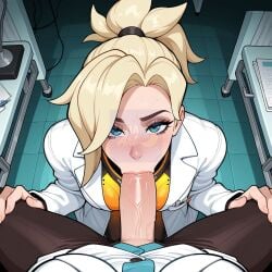1boy 2girls :>= ai_generated blonde_hair blue_eyes blush breasts clothing desk doctor erection eyeshadow fellatio female futa_with_female futanari hospital indoors infirmary lab_coat large_penis looking_at_viewer lunaart makeup male medium_breasts mercy_(overwatch) multiple_girls necktie oral overwatch penis penis_out ponytail pov_crotch saliva solo_focus spread_legs stealth_sex straight sweat tile_floor tiles under_the_table veins veiny_penis