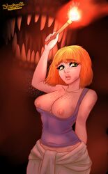 areolae bangs big_breasts breasts breasts_out busty claire_dearing dinosaur female female_focus female_only freckles hourglass_figure huge_breasts jurassic_park jurassic_world large_breasts nipples overflowing_breasts pinup pose posing red_hair shadow stephen49 tank_top wide_hips