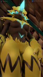 absurd_res animal_humanoid anthro ass athletic athletic_female big_butt blue_eyes erect_nipples felid felid_humanoid feline female fur generation_7_pokemon glowing glowing_markings hi_res humanoid legendary_pokemon looking_at_viewer mammal mammal_humanoid markings nintendo nipples nude nude_anthro nude_female pokemon pokemon_(species) samtrix slim small_waist solo tail thick_thighs yellow_body yellow_fur zeraora
