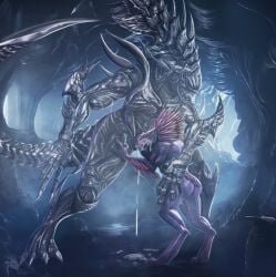 3_fingers alien alien_(franchise) anthro arm_feathers ass avian bodily_fluids colored crossover cum cum_drip cum_in_mouth cum_inside cum_on_ground cum_pooling digitigrade drakaar dripping duo feather_hair feathered_crest feathers female female_penetrated fingers genital_fluids halo_(series) hand_on_leg hand_on_thigh head_crest hi_res interspecies kig-yar larger_male male male/female male_penetrating male_penetrating_female microsoft penetration penis_in_mouth pseudo_hair scalie sex short_tail size_difference smaller_female smaller_penetrated spurs_(anatomy) standing standing_oral standing_sex t'vaoan tail tail_feathers xbox_game_studios xenomorph xenophilia