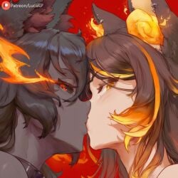 2girls ai_generated black_body black_eyes black_hair dark-skinned_female dark_skin fire fox fox_ears fox_girl hellhound hellhound_(monster_girl_encyclopedia) highlights_(coloring) kissing lucakp monster_girl monster_girl_encyclopedia patreon patreon_link patreon_logo patreon_url patreon_username red_eyes side_eye sinder_(vtuber) tagme two_tone_hair vtuber wolf wolf_ears wolf_girl yellow_eyes