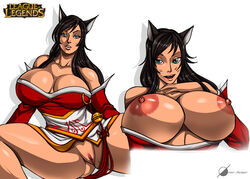 absurd_res ahri animal_humanoid big_breasts breasts cleavage clothed clothing felid felid_humanoid feline feline_humanoid female genitals hi_res huge_breasts humanoid league_of_legends mammal mammal_humanoid nipples no_underwear osmar-shotgun pussy riot_games solo spread_legs spreading video_games