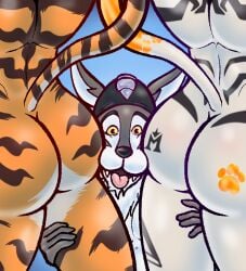 absurd_res anthro ass ass_in_face big_butt butt_in_face butt_tattoo canid canine canis epic_games felid feline fortnite fur group group_sex happy headgear hi_res joalmidon male male/male mammal meowdas muscular muscular_male nude open_mouth orange_body oscar_(fortnite) pantherine rear_view sandwiched sex simple_background smile tail tattoo thick_thighs threesome tiger tongue trio wendell_(fortnite) wolf