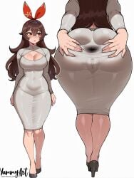 1girls ai_generated amber_(genshin_impact) anus_outline ass breasts cameltoe dress female female_focus female_only genshin_impact high_heels large_ass large_breasts solo thighs tight_clothing white_background wide_hips yummyart