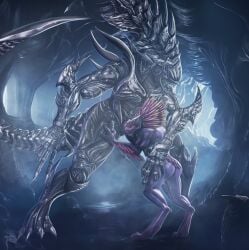 3_fingers alien alien_(franchise) anthro arm_feathers ass avian colored crossover digitigrade drakaar feather_hair feathered_crest feathers female female_penetrated fingers halo_(series) hand_on_leg hand_on_thigh head_crest hi_res interspecies kig-yar larger_male male male/female male_penetrating male_penetrating_female microsoft penetration penis_in_mouth pseudo_hair scalie sex short_tail size_difference smaller_female smaller_penetrated spurs_(anatomy) standing standing_oral standing_sex t'vaoan tail tail_feathers xbox_game_studios xenomorph xenophilia