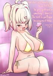 1girls asking_for_sex bikini black_socks blonde_hair breasts condom condom_rejection dialogue golden_bikini highlights_(coloring) holding_condom imminent_sex large_breasts large_forehead long_socks navel offering_sex sassy smug speaking_to_viewer teasing text two_tone_hair