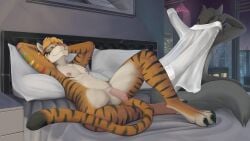 16:9 absurd_res after_sex afterglow alternate_version_at_source anthro areola athletic balls bed bed_sheet bedding bedroom blue_eyes bottomless canid canine canis city cityscape claws clothed clothed/nude clothed_anthro clothed_male clothing countershading detailed_background dressing duo faceless_character faceless_male felid fingerprint_(artist) foreskin fur furniture genitals glans hair hands_behind_head hi_res humanoid_genitalia humanoid_penis inside looking_away looking_pleasured looking_up lying male male/male mammal night nipples nude nude_anthro on_back on_bed pantherine penis pillow pink_areola pink_nipples shirt shirt_only smile spread_legs spreading stripes tiger topwear topwear_only ty_hanson widescreen window wolf