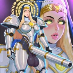 ai_generated armor bimbo blonde_female blonde_hair breastplate cannon chest_gem cleric futa_focus futa_only futanari glowing_eyes greyscaler headband hypnosis knight mind_control nun nun's_habit paladin penis_cannon penis_weapon phallic_weapon power_armor solo solo_futa soul_gem testicles world_of_lust:_the_spire yellow_eyes