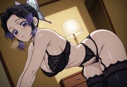 1girl ai_generated black_bra black_hair black_legwear black_panties blush bra breasts bug butterfly butterfly_hair_ornament cleavage demon_slayer dutch_angle garter_belt hair_ornament indoors insect kimetsu_no_yaiba kochou_shinobu lace lace-trimmed_bra lace-trimmed_legwear large_breasts leaning_forward lingerie looking_at_viewer panties purple_eyes purple_hair solo sweat tagme thighhighs underwear underwear_only