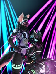 absurd_res anthro armorless_protogen backsack balls clothing costume digital_drawing_(artwork) digital_media_(artwork) duo genitals glowing glowing_genitalia glowing_penis hi_res machine male male/male mayahereis mayaishere penis protogen protogen_art protogen_visor