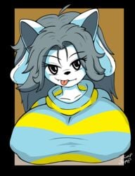 2019 anthro big_breasts black_nose breasts brown_background canid canine canis clothed clothed_paizuri clothing domestic_dog eyelashes fangs felid feline female fur furry furry_only grey_hair hair hi_res huge_breasts jumparoundjumpjump jumpjump large_breasts looking_at_viewer mammal nipple_outline paizuri shirt simple_background smile solo striped_shirt tem temmie_(undertale) tongue tongue_out topwear undertale undertale_(series) video_games white_body white_eyes white_fur