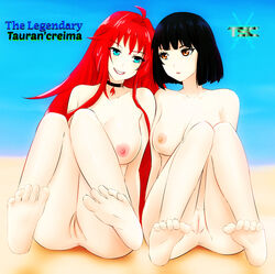 2girls areolae bangs beach black_hair breasts choker eyebrows_visible_through_hair female female_only fesforia_meilorei green_eyes grin highres lipstick logo long_hair looking_at_viewer looking_away multiple_girls nipples nude nude_female original original_characters red_eyes red_hair sacredcourage sand serenity_addlebeen short_hair sitting smile teeth the_legendary_tauran'creima the_legendary_tauran'creima:_star_beings_of_the_universe