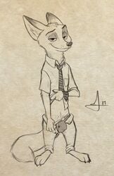 anthro barefoot bulge canid canine cheek_tuft clothed clothing disney facial_tuft fox fur genital_outline half-closed_eyes head_tuft hi_res idrawpornsometimes looking_at_viewer male male_only mammal narrowed_eyes neck_tuft nick_wilde partially_clothed penis_outline red_fox simple_background smile solo standing tuft zootopia