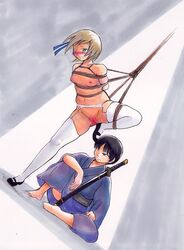 1boy 1girls arms_behind_back axis_powers_hetalia blush bondage breasts clothed_male_nude_female duo female femsub flats honda_kiku japan_(hetalia) liechtenstein_(hetalia) male maledom mary_janes naked_footwear naked_shoes naked_stockings naked_thighhighs nude onomichi rope rope_bondage rope_harness shoes stockings thighhighs