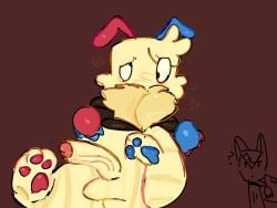 1boy antennae_(anatomy) balls blue_paws box confused_look dandy's_world dandys_world digital_media_(artwork) dizzy dizzy_eyes female fluffy fur goob_(dandy's_world) halodouble male paws penis person_in_background red_paws roblox roblox_game scraps_(dandy's_world) tagme tied_arms tied_up veiny_penis