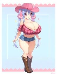 adorable ai_generated big_breasts blue_hair blush boots cleavage cowboy_hat cowgirl crop_top cute denim denim_clothing denim_shorts hair_ornament hair_ribbon huge_breasts long_hair midriff navel pink_eyes plaid plaid_clothes riko_(shuz) shiny_skin short_shorts shortstack skindentation solo sparkles thick_thighs tight_clothing top_heavy twintails yodayo