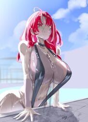 1girls alternate_breast_size bikini breasts female female_only getting_out_of_pool glistening_body grey_skin hololive hololive_indonesia huge_breasts koizumi_arata kureiji_ollie long_hair patchwork_skin pool red_hair sling_bikini solo two_tone_hair two_tone_skin virtual_youtuber wet_body wet_skin zombie_girl