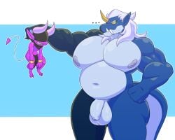 1_horn 2026 2_horns 3_toes 4_fingers 5:4 5_fingers annoyed anthro asian_mythology balls bangle belly biceps big_fangs big_muscles big_pecs big_tail black_bottomwear black_clothing black_headkerchief black_kerchief black_loincloth black_neckerchief black_underwear blue_background blue_balls blue_body blue_penis blue_skin boone_(misterimp) bottomwear bracelet cetacean cheese_cake claws clothed clothing dangling demon digital_media_(artwork) dolphin duo ear_piercing ear_ring east_asian_mythology ellipsis fangs feet finger_claws fingers flaccid flesh_fang foreskin front_view genitals gold_(metal) gold_jewelry grin hair hand_on_hip headgear headkerchief headwear hi_res hidden_eyes horn huge_pecs humanoid humanoid_genitalia humanoid_penis humanoid_pointy_ears hybrid imp japanese_mythology jewelry kerchief larger_male lifting_another loincloth long_tail looking_at_another male mammal marine musclegut muscular mythology neckerchief neckwear nipples nude oceanic_dolphin oni oni_horn orca pecs penis piercing pointy_ears purple_body purple_horn purple_nipples purple_skin ring_piercing sharp_teeth simple_background size_difference smaller_male smile sophymn_(character) spade_tail standing tail teeth thin_tail toe_claws toes toothed_whale tusks underwear underwear_only unretracted_foreskin wavy_horn white_eyes white_hair yellow_horn yellow_sclera yokai