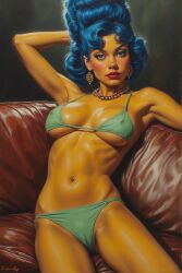 ai_generated big_nipples bikini blue_hair breasts camel_toe cameltoe cartoon huge_breasts marge_simpson simpsons