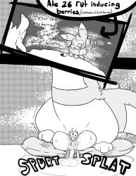 ambiguous_gender aphrodisiac balls berry big_balls blush bodily_fluids bowl chastity_cage chastity_device confusion container directional_arrow distorted_text distortion dripping eeveelution espeon excessive_genital_fluids excessive_precum feral fluffy fluffy_tail food fruit furniture furret generation_2_pokemon genital_fluids genitals hi_res male mammal melting_mouth monochrome nintendo paws pillow plant pokemon pokemon_(species) precum precum_drip puddle question_mark screentone shake_lines solo_focus speech_bubble steam sweat sweatdrop table tail tears text tm32 wet wet_floor