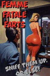 about_to_fart ai_art ai_generated ass_worship big_ass butt_worship caked_up caption dialogue dominant_female fart fart_fetish female huge_ass magazine_cover male phizben story submissive_male word_balloon