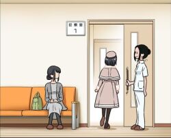 1girls 3girls clothed clothing clueless_female dozamura faceless_female hospital imminent_sex light-skinned_female light_skin lowres mother_and_daughter nurse oblivious original short_hair waiting_room young younger_female