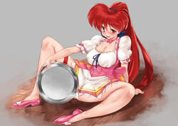 1girls 2016 akira_(viper) anna_miller bare_arms blush bow breasts cameltoe choker cleavage clothing corset eyebrows_visible_through_hair feet female female_only frills full_body grey_background hair_ribbon half-closed_eye heels highres holding_tray large_breasts legwear long_hair long_ponytail looking_at_viewer masturbation matching_hair/eyes morimorita open_mouth panties pink_clothing plate ponytail red_eyes red_hair ribbon ribbon_choker rubbing simple_background sitting skirt smile solo spread_legs thick_thighs thigh_ribbon thigh_strap thighs tied_hair tongue tray underwear uniform very_long_hair viper_(series) viper_v16 waitress white_clothing white_panties