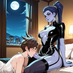 2girls ai_generated arm_support bed bedroom black_dress black_garter_straps black_nails black_thighhighs blue_hair blue_lips blue_skin blush breasts brown_eyes brown_hair center_opening cleavage closed_mouth clothing colored_skin dress earrings erection eyeshadow fellatio female full_moon futa_with_female futanari garter_straps grey_skin hair_pulled_back indoors jewelry lamp large_breasts large_penis lips lipstick long_hair looking_at_another lunaart lying makeup medium_breasts moon multiple_girls nail_polish night night_sky nose on_bed open_dress oral overwatch penis pillow plunging_neckline ponytail purple_hair purple_lips purple_nails purple_skin saliva saliva_drip saliva_trail short_hair side_slit sitting sky smile spiked_hair thighhighs thighs tracer_(overwatch) veins veiny_penis white_dress widowmaker_(overwatch) window yellow_eyes