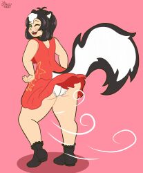 1girls alternate_version_available bangs betty_(enderboss99) big_ass blue_eyes boots china_dress dress enderboss99 fart fart_fetish female fully_clothed hand_on_hip kemonomimi large_ass looking_back multicolored_hair panties short_hair simple_background skunk_ears skunk_girl skunk_tail smile solo thick_ass thick_thighs upskirt wink winking_at_viewer