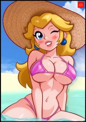 1girls big_breasts bikini bikini_bottom bikini_top blonde_hair blue_eyes blush bottomwear breasts cleavage ear_piercing earrings female female_only hair hat headwear huge_breasts lips long_hair mario_(series) nintendo one_eye_closed parted_lips pink_bikini princess_peach smile solo solo_female sun_hat swimwear thighs topwear water wink winking yularcher