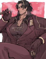 awooga bara bara_tits bullet_casings daddy dilf fat_tits gay heart_sign honestly_quite_incredible lei_heng_(limbus_company) lei_heng_(project_moon) limbus_company male male_only men_only muscular_male project_moon sexy_male smoking tremor_bursted uibou00000 yaoi zooweemama