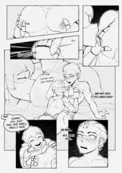 2boys alec_(cheesecrumbles) blush cheesecrumbles comic femboy gay girly isaac_(cheesecrumbles) male male_only monochrome nipple_licking nipple_tweak robot speech_bubble text trap yaoi