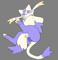 animal_genitalia animal_vulva anthro blush canine_genitalia canine_vulva claws covering covering_mouth covering_own_mouth covering_self feet female generation_5_pokemon genitals legs_up looking_at_viewer mienshao nintendo pawpads paws pokemon pokemon_(species) presenting presenting_vulva shinyumbre simple_background solo spread_legs spreading tail vulva