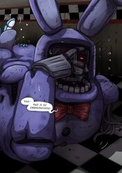2boys animatronic anthro anthro_on_anthro ass blue_body blue_fur blush bodily_fluids bow_tie butt_grab comic dialogue duo english_text exposed_wires fingers five_nights_at_freddy's five_nights_at_freddy's_2 floor fur gay hand_on_butt hand_on_head heart_symbol hi_res hole_(anatomy) lagomorph lying machine male male/male male_focus male_only mammal missing_arm missing_face purple_body purple_fur rabbit red_bow_tie red_eyes rimjob rimming rimming_male robot scottgames sweat teastuff text toy_bonnie_(fnaf) withered_bonnie