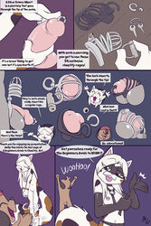 2:3 animal_genitalia anthro areola armwear balls black_text breasts calico_cat canid canine canis chastity_device clapping clothed clothing comic domestic_cat domestic_dog elbow_gloves english_text eyebrow_through_hair eyebrows felid feline felis female fuf fur genital_piercing genitals glans gloves grey_balls grey_hair hair handwear hi_res holding_object holding_whip key light_hair male mammal mismatched_ears mottled multicolored_ears nipple_piercing nipples nude onomatopoeia penis penis_piercing piebald piercing prince_albert_piercing pussy selene_blackcat sheath sound_effects speech_bubble text tongue tongue_out translucent translucent_hair two_tone_ears urethra urethral whip white_body white_ears white_fur white_tail white_text