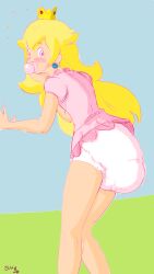 1girls abdl crown diaper diaper_fetish diaper_under_clothing dress female female_only mario_(series) nintendo pacifier princess princess_peach royalty solo solo_female solo_focus