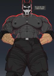 2025 abs alfonz_(reachea) anthro areola barazoku belt biceps big_bulge big_muscles big_pecs black_background bodily_fluids bone bone_mask bottomwear breath bulge canid canine canis clothed clothing deltoids dialogue dobermann dog_tags domestic_dog english_text erection erection_under_clothing eyewear front_view genital_fluids hands_behind_back headgear hi_res huge_muscles looking_at_viewer male mammal manly mask muscular muscular_anthro muscular_male navel nipples obliques outline pants pecs pinscher precum precum_through_clothing reachea red_outline scar serratus simple_background skull skull_mask solo standing sunglasses talking_to_viewer tattoo text thick_arms thick_thighs topless topless_anthro topless_male triceps vein veiny_muscles wet wet_clothing