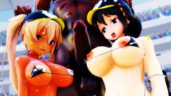 1boy 2girls 3d anastasia123mmd big_penis bikini dark-skinned_male dark_skin female interracial kantai_collection koikatsu large_breasts male murasame_(kantai_collection) queen_of_spades shigure_(kantai_collection)