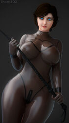 1girls 3d 3d_(artwork) amputee ass big_ass big_breasts big_butt bioshock bioshock_infinite blue_eyes bodysuit breasts brown_hair curvy elizabeth_comstock female female_only hair_ribbon latex latex_gloves latex_suit light-skinned_female light_skin looking_at_viewer pale_skin ribbon short_hair solo standing thimble thorn3dx translucent_latex transparent transparent_clothing whip