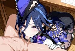 ai_generated ass blowjob clorinde_(genshin_impact) cum fellatio female from_above genshin_impact hidden hoyoverse male male_pov nude_male nude_male_clothed_female officer on_knees penis small_penis spread_legs thick_thighs under_the_table